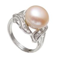 Freshwater Pearl Finger Ring, Brass, with Freshwater Pearl, Flower, platinum color plated, for woman & with rhinestone, pink, nickel, lead & cadmium free, 11-12mm, US Ring Size:6.5-8, Sold By PC
