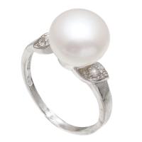 Freshwater Pearl Finger Ring, Brass, with Freshwater Pearl, platinum color plated, for woman & with rhinestone, white, nickel, lead & cadmium free, 9-10mm, US Ring Size:5.5-8, Sold By PC