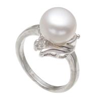 Freshwater Pearl Finger Ring Brass with Cubic Zirconia & Freshwater Pearl platinum color plated for woman white nickel lead & cadmium free 8-9mm US Ring Sold By PC