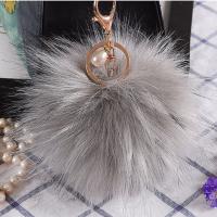 Zinc Alloy Key Clasp Rabbit Fur with iron ring & Glass Pearl & Zinc Alloy gold color plated 10cm Sold By PC
