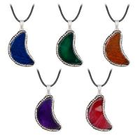 Crackle Agate Pendant, with brass bail & Rhinestone Clay Pave, Moon, platinum color plated, more colors for choice, 32x19mm, Hole:Approx 2-4mm, Sold By PC