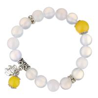 White Agate Bracelet, with rhinestone brass spacer & Yellow Agate & Brass, Elephant, silver color plated, charm bracelet & for woman, 12x11mm, 12mm, Sold Per Approx 7.5 Inch Strand