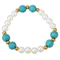 Bracelets turquoises de mode, acier inoxydable, avec turquoise synthétique & perle de verre, Placage de couleur d'or, pour femme, 9.5mm, 8mm, Vendu par Environ 7 pouce brin
