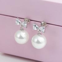 925 Sterling Silver Stud Earrings with Shell Pearl Bowknot plated micro pave cubic zirconia & for woman Sold By Pair