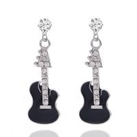 Tibetan Style Drop Earring, stainless steel post pin, Guitar, platinum color plated, for woman & enamel & with rhinestone, lead & cadmium free, 55x17mm, Sold By Pair