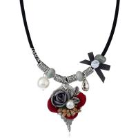 Fashion Statement Necklace Zinc Alloy with ABS Plastic Pearl & Cloth & Crystal with 5cm extender chain Flower antique silver color plated for woman lead & cadmium free Sold Per Approx 17.5 Inch Strand