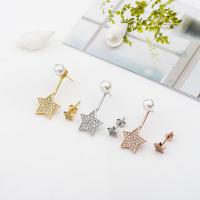 Asymmetric Earrings 925 Sterling Silver with Shell Pearl Star plated micro pave cubic zirconia & for woman 6mm Sold By Pair