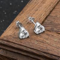 925 Sterling Silver Stud Earrings, Heart, platinum plated, for woman & with cubic zirconia, 6.50x7mm, Sold By Pair