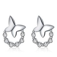 925 Sterling Silver Stud Earring, Butterfly, platinum plated, micro pave cubic zirconia & for woman, 7x10mm, Sold By Pair