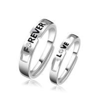 Anéis Couple dedo, 925 prata esterlina, amor de palavra para sempre, platinado, abrir & ajustável & micro pavimento em zircônia cúbica & esmalte, tamanho:6-10, vendido por par