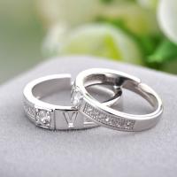 Couple Finger Rings, 925 Sterling Silver, word love, platinum plated, open & adjustable & micro pave cubic zirconia, US Ring Size:6-10, Sold By Pair