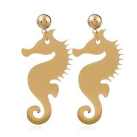 Aluminum Drop Earring, with plastic earnut, stainless steel post pin, Seahorse, gold color plated, for woman, 36x75mm, Sold By Pair