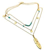 Mode-Multi-Layer-Halskette, Zinklegierung, mit Synthetische Türkis, Blatt, goldfarben plattiert, für Frau & 3-Strang, frei von Nickel, Blei & Kadmium, verkauft per ca. 17.7 ZollInch Strang