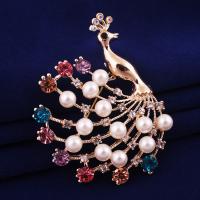 Tibetan Style Brooch, with ABS Plastic Pearl, Peacock, rose gold color plated, for woman & with rhinestone, lead & cadmium free, 50x60mm, Sold By PC