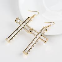 Tibetan Style Drop Earrings, with acrylic rhinestone, iron earring hook, Cross, gold color plated, for woman, lead & cadmium free, 83mm, Sold By Pair