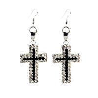 Rhinestone Earring, Tibetan Style, iron earring hook, Cross, platinum color plated, for woman & with rhinestone, lead & cadmium free, 68mm, Sold By Pair