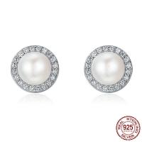 925 Sterling Silver Stud Earring with Freshwater Pearl platinum plated for woman & with cubic zirconia Sold By Pair