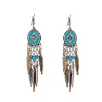 Fashion Fringe Earrings, Tibetan Style, with Turquoise, iron earring hook, Feather, plated, Bohemian style & for woman & enamel, lead & cadmium free, 84x14mm, Sold By Pair