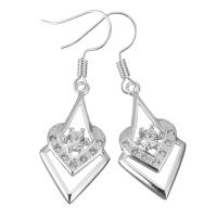 Brass Drop Earring, real silver plated, for woman & with cubic zirconia, 44mm, 15x27mm, Sold By Pair