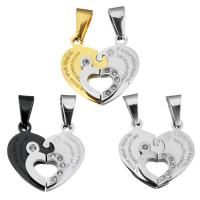 Stainless Steel Puzzle Couple Pendant, Heart, plated, with letter pattern & with rhinestone, more colors for choice, 14x23x6mm, 14x23x6mm, Hole:Approx 5x8mm, 2PCs/Lot, Sold By Lot