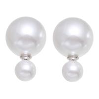 Stud Double Face, Plastique ABS perle, avec laiton, Rond, Placage de couleur platine, pour femme, blanc, 16x25mm, Vendu par paire