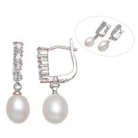 Freshwater Pearl Lever Back Earring, with Brass, for woman & with cubic zirconia, white, 7-8mm, 8x26x12mm, Sold By Pair