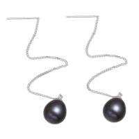 Freshwater Pearl Thread Through Earrings with Brass Teardrop for woman dark purple Sold By Pair
