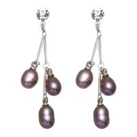 Freshwater Pearl Drop Earring with Brass platinum color plated for woman & with rhinestone purple 6-7mm 39-42mm Sold By Pair