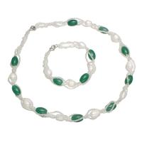 Naturliga Odlade Sötvatten Pearl Jewelry Sets, armband & halsband, Freshwater Pearl, med Grön Aven & Glass Seed Beads, mässing fjäder ring spänne, Ris, för kvinna, 7-8mm, Längd Ca 7.5 inch, Ca 17 inch, Säljs av Ställ