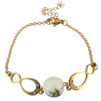 Bijoux bracelet en acier inoxydable, avec Dyed Jade, avec 2Inch chaînes de rallonge, Placage de couleur d'or, chaîne ovale & pour femme & avec strass, 12mm, 25x10mm, 2mm, Vendu par Environ 7 pouce brin