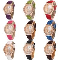 Women Watch Bracelet, PU Leather, with Glass & Tibetan Style, light rose gold color plated, for woman & with rhinestone, more colors for choice, 38x8mm, Length:Approx 9.3 Inch, Sold By PC