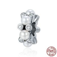 925 Sterling Silver European Beads, with Shell Pearl, without troll & with cubic zirconia, 5x12mm, Hole:Approx 4.5-5mm, Sold By PC