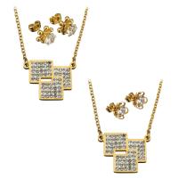 Fashion Stainless Steel Jewelry Sets, earring & necklace, with Rhinestone Clay Pave, gold color plated, different styles for choice & for woman, 25x19mm, 2mm, 10mm, Length:Approx 21 Inch, Sold By Set