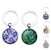 Tibetan Style Key Chain, with iron ring & Glass, Flat Round, platinum color plated, time gem jewelry & different designs for choice & decal, lead & cadmium free, 27mm, Sold By PC