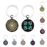 Zinc Alloy Key Chain with iron ring & Glass Flat Round platinum color plated time gem jewelry & decal lead & cadmium free 27mm Sold By PC