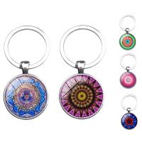 Zinc Alloy Key Chain with iron ring & Glass Flat Round platinum color plated time gem jewelry & decal lead & cadmium free 27mm Sold By PC
