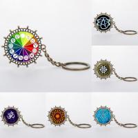 Tibetan Style Key Chain, with iron ring & Glass, Flat Round, antique bronze color plated, time gem jewelry & different designs for choice & decal, lead & cadmium free, 43mm, Sold By PC