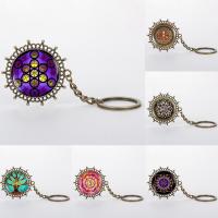 Tibetan Style Key Chain, with iron ring & Glass, Flat Round, antique bronze color plated, time gem jewelry & different designs for choice & decal, lead & cadmium free, 43mm, Sold By PC
