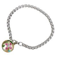 Stainless Steel Jewelry Bracelet, with Glass Pearl, charm bracelet & box chain & for woman & enamel, original color, 16x21mm, 4mm, Sold Per Approx 7 Inch Strand