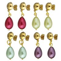 Stainless Steel Drop Earring, med Glass Pearl, Teardrop, guldfarve belagt, for kvinde, flere farver til valg, 31mm, 9x19mm, Solgt af par