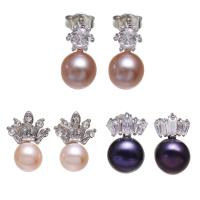 Freshwater Pearl Stud Earring with Brass platinum color plated & for woman & with rhinestone 8-9mm Sold By Pair