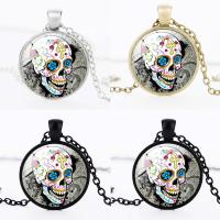 Time Gem Jewelry Necklace Zinc Alloy with iron chain & Glass Flat Round plated for time gem cabochon & with skull pattern & oval chain & decal lead & cadmium free 28mm Sold Per Approx 19.5 Inch Strand