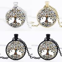 Time Gem Jewelry Necklace, Tibetan Style, with iron chain & Glass, Flat Round, plated, for time gem cabochon & tree of life design & oval chain & decal, more colors for choice, lead & cadmium free, 28mm, Sold Per Approx 19.5 Inch Strand