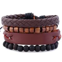 PU Leather Bracelet Set, with Linen & Wood, plated, Unisex & adjustable, Length:Approx 8.6 Inch, 4Strands/Set, Sold By Set