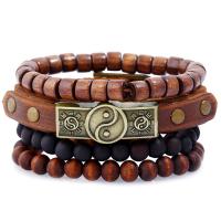 PU Leather Bracelet Set, with Linen & Wood & Tibetan Style, plated, Unisex & adjustable, nickel, lead & cadmium free, Length:Approx 9.4 Inch, 4Strands/Set, Sold By Set