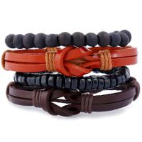 PU Leather Bracelet Set with Linen & Wood plated Unisex & adjustable Length Approx 6.7 Inch Sold By Set