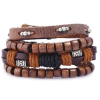 PU Leather Bracelet Set, with Linen & Wood & Copper Coated Plastic & Tibetan Style, plated, Unisex & adjustable, nickel, lead & cadmium free, Length:Approx 8.2 Inch, 4Strands/Set, Sold By Set