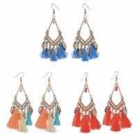 Fashion Fringe Earrings, Tibetan Style, with Nylon Cord & Glass Seed Beads, iron earring hook, gold color plated, for woman & with resin rhinestone, more colors for choice, lead & cadmium free, 38x72mm, Sold By Pair