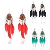 Fashion Fringe Earrings Zinc Alloy with Feather & Glass Seed Beads iron earring hook antique gold color plated for woman & enamel lead & cadmium free Sold By Pair