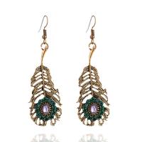 Zinc Alloy Drop Earrings iron earring hook Leaf antique bronze color plated for woman & with rhinestone lead & cadmium free Sold By Pair